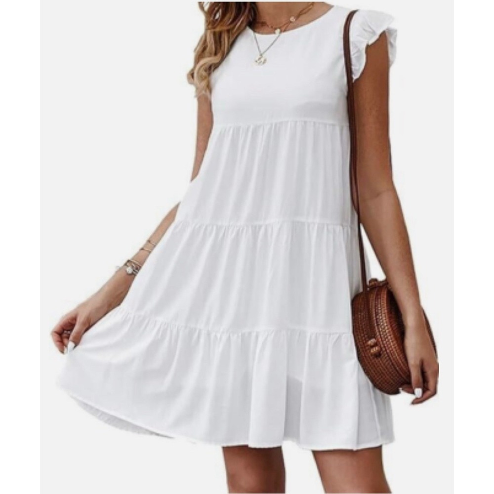 Kirundo Tiered Baby Doll Dress‎ Flutter Sleeve Top White Size Small